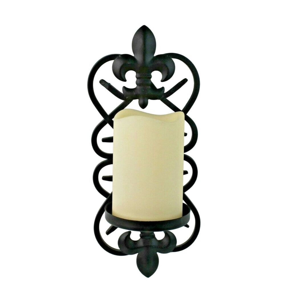 Fleur De Lis Wall Sconce 12" Wrought Iron Battery Operated Timer Faux Candle - Picture 1 of 6